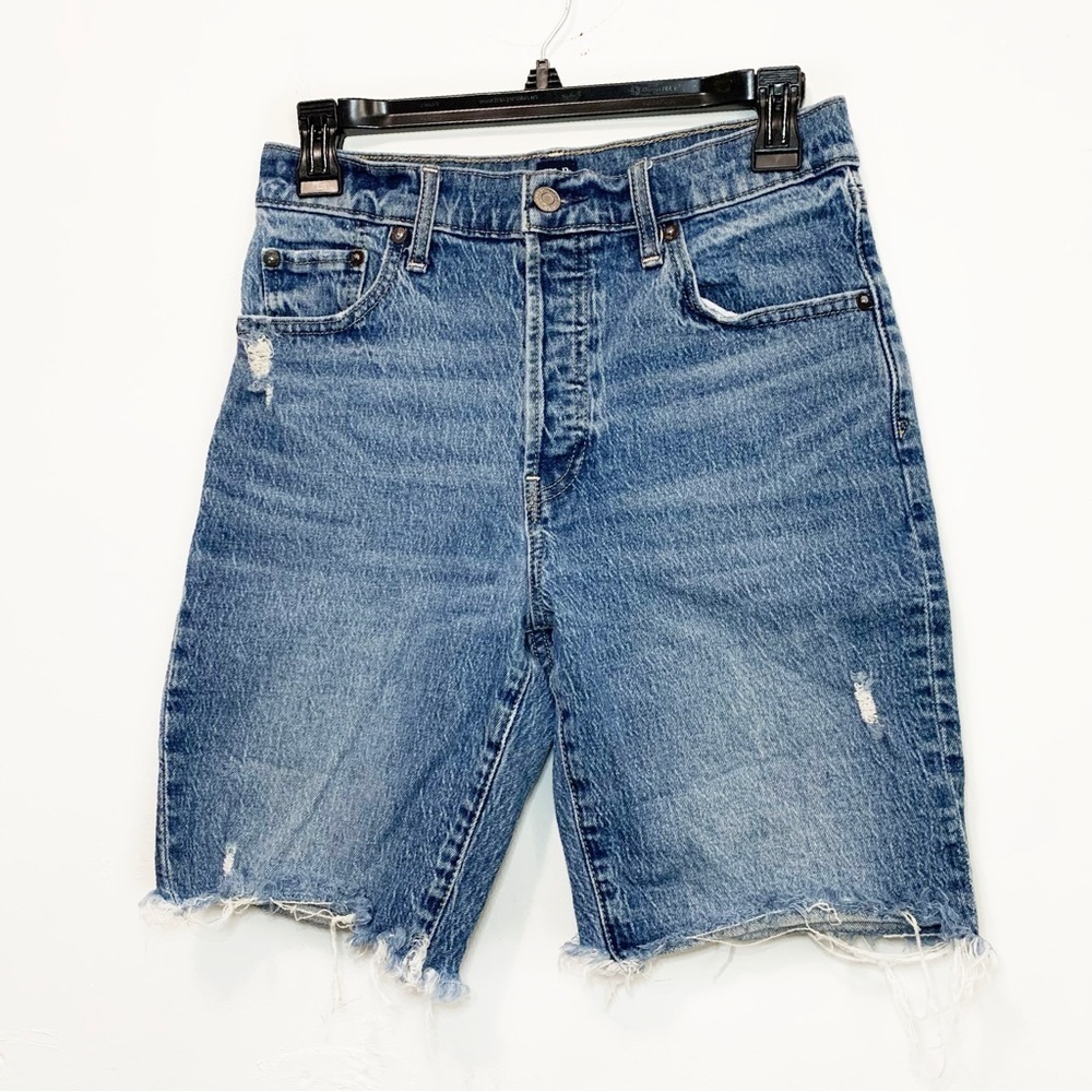 GAP High Rise Bermuda DK Dark Indigo Denim Shorts w/Raw Hem, size 4/27